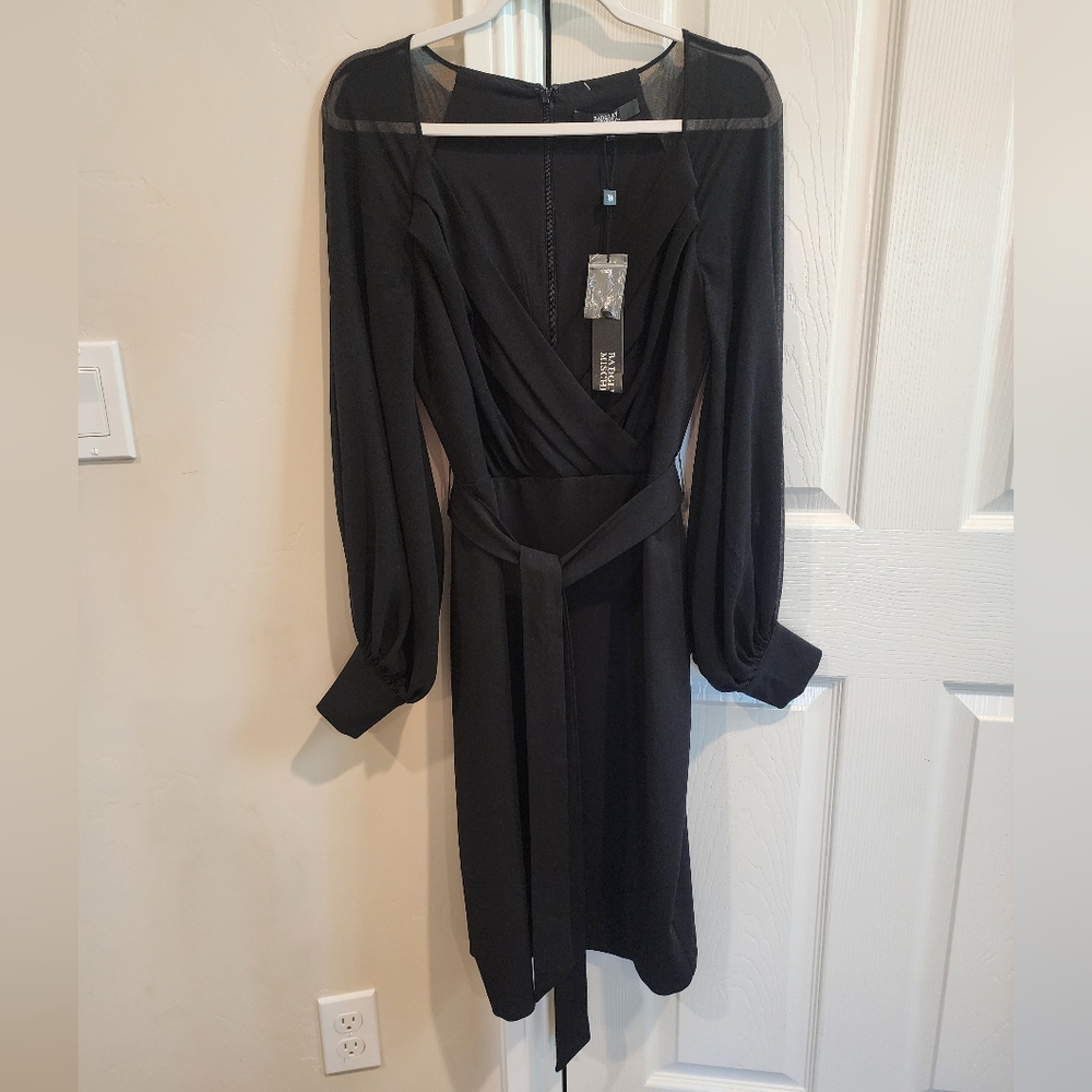 Badgley Mischka Bishop-Sleeve Belted Cocktail Dress, NWT, black, size 8